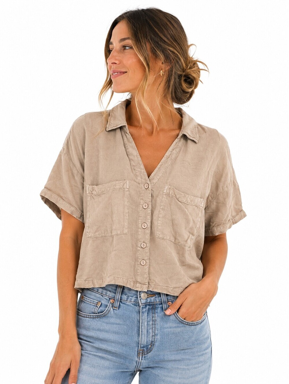 Rip Curl Premium Linen Crop Shirt Top Tan Beige Short Sleeve Button Up Size XS